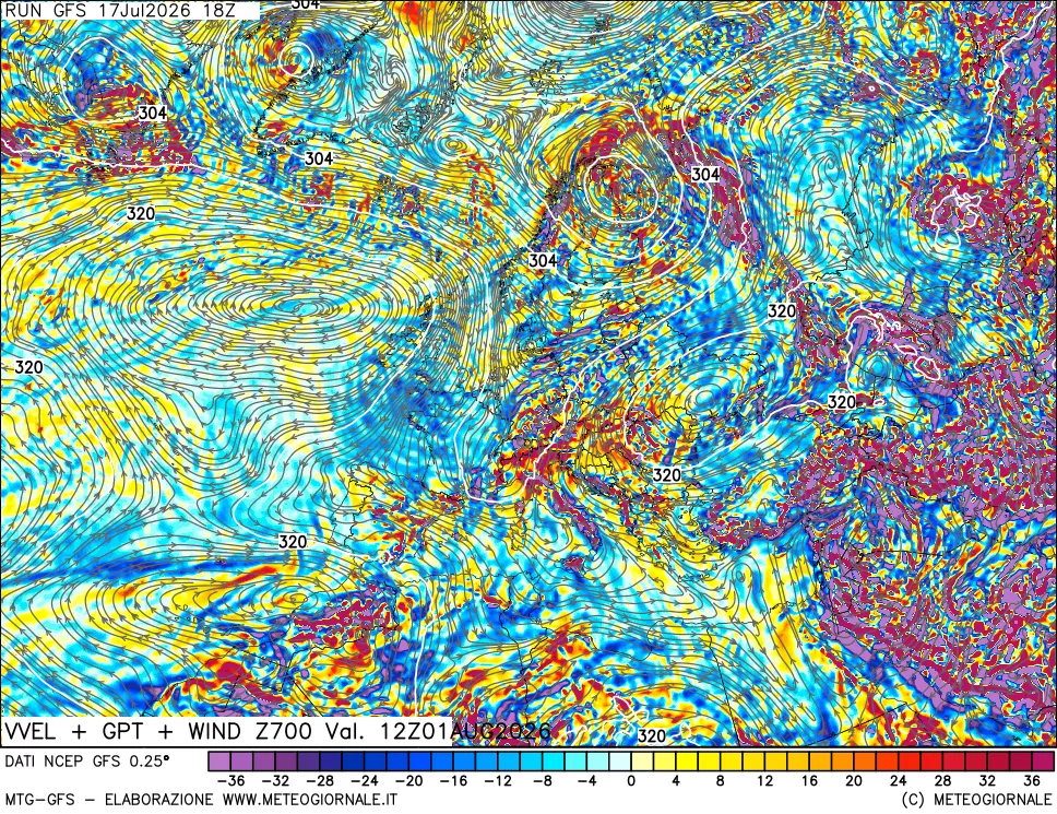 mappa 700 hPa Velocit&agrave; verticiali + GPT + Vento