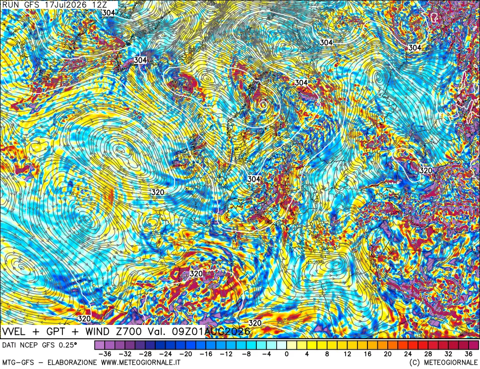 mappa 700 hPa Velocit&agrave; verticiali + GPT + Vento