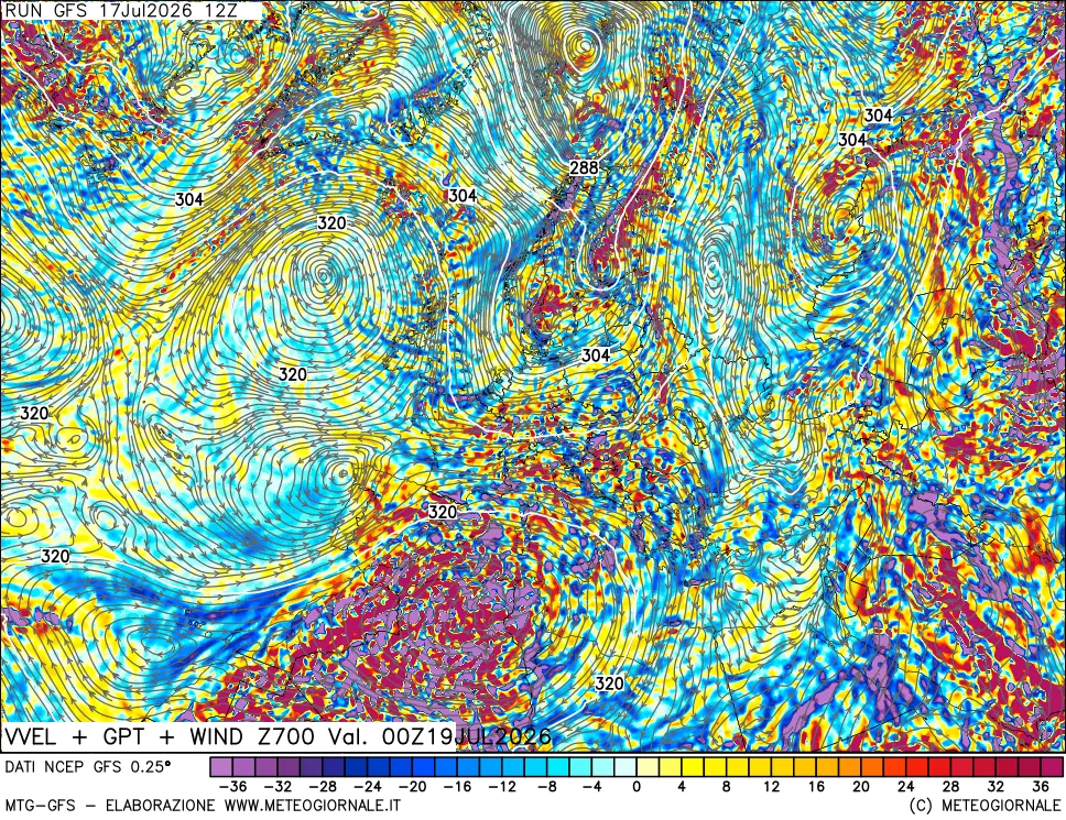 mappa 700 hPa Velocit&agrave; verticiali + GPT + Vento