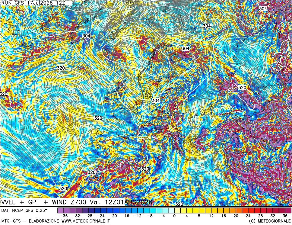 mappa 700 hPa Velocit&agrave; verticiali + GPT + Vento