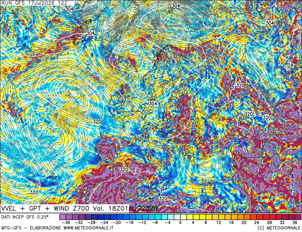 mappa 700 hPa Velocit&agrave; verticiali + GPT + Vento
