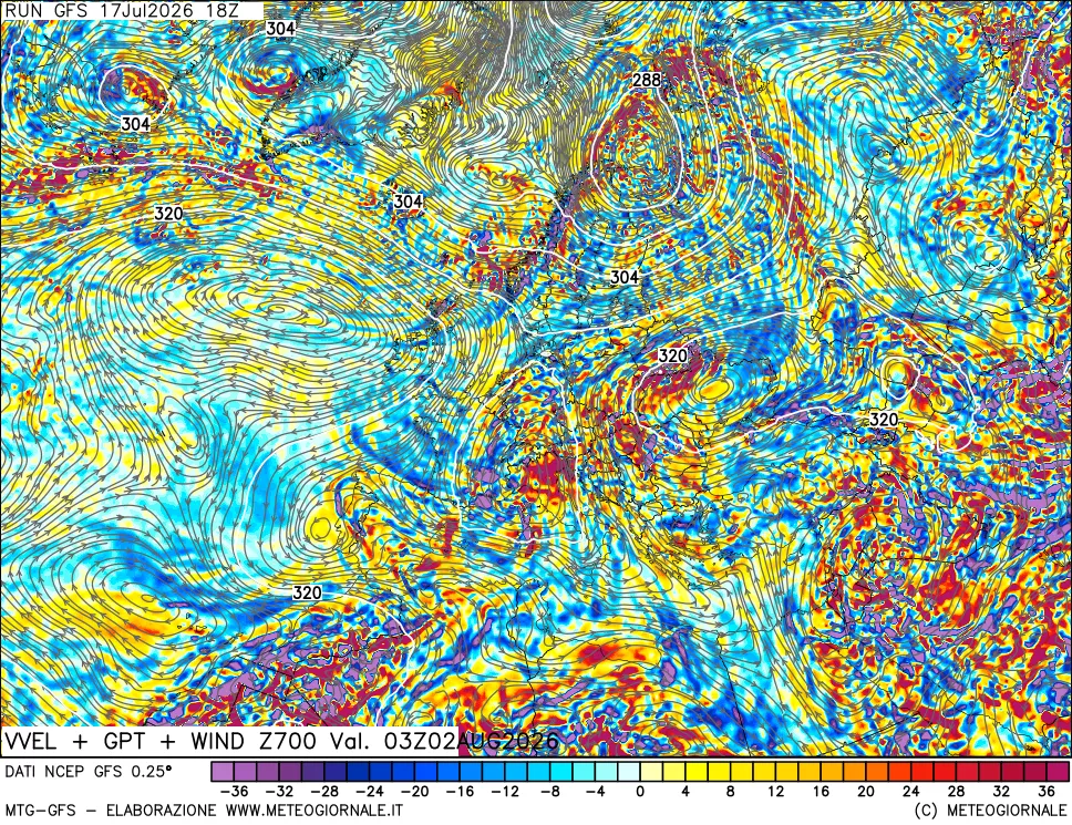 mappa 700 hPa Velocit&agrave; verticiali + GPT + Vento