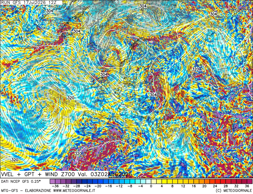 mappa 700 hPa Velocit&agrave; verticiali + GPT + Vento