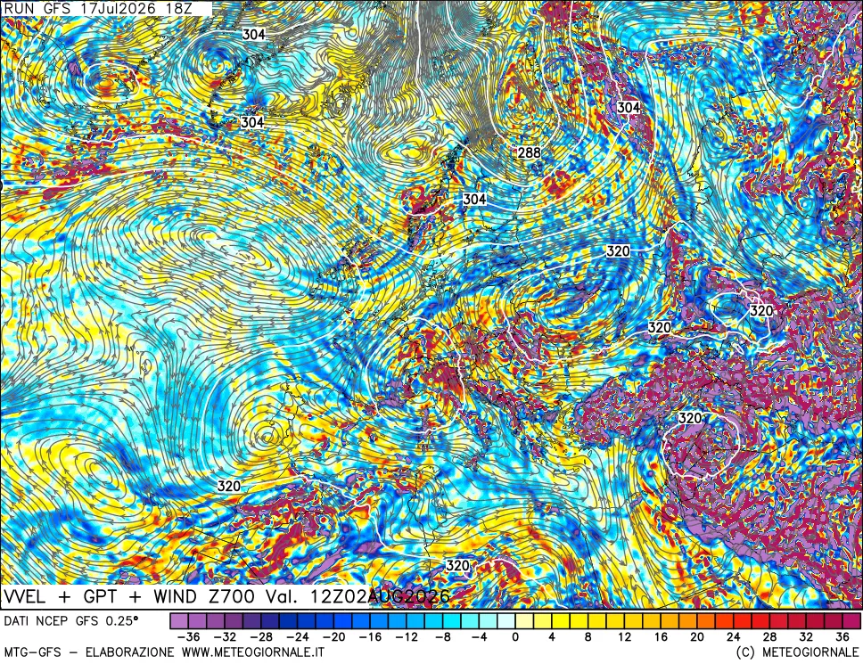 mappa 700 hPa Velocit&agrave; verticiali + GPT + Vento