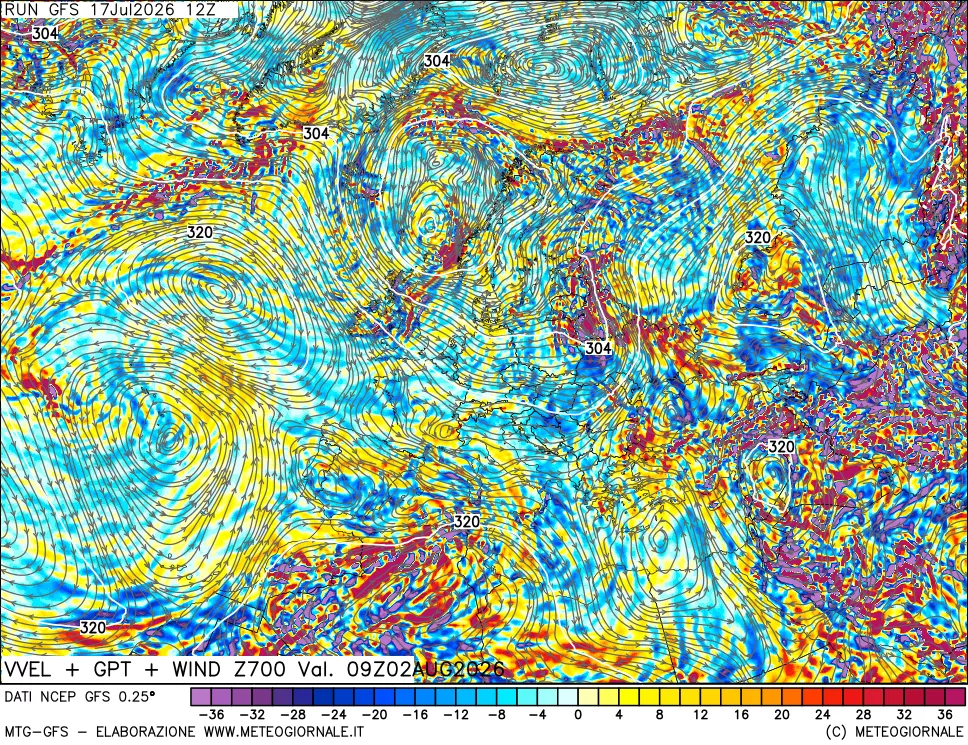 mappa 700 hPa Velocit&agrave; verticiali + GPT + Vento