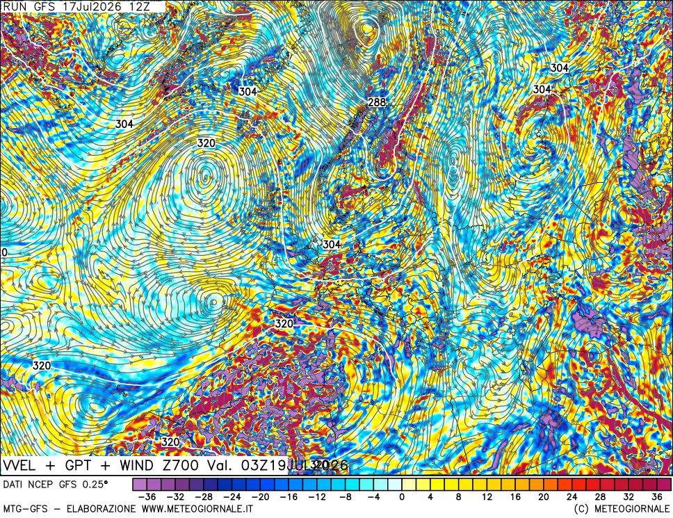 mappa 700 hPa Velocit&agrave; verticiali + GPT + Vento