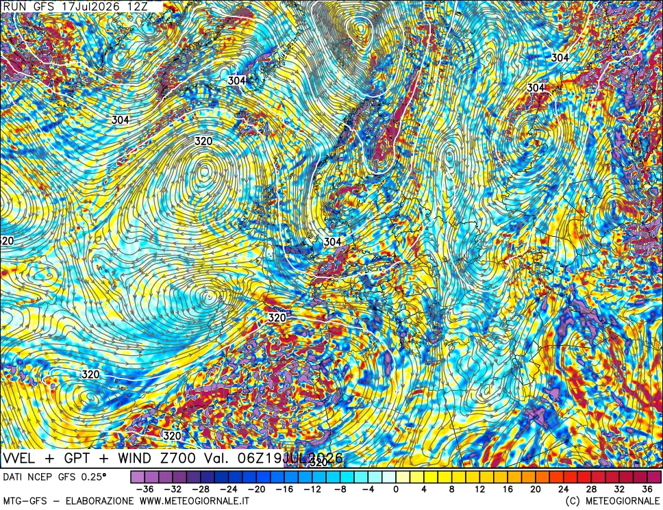 mappa 700 hPa Velocit&agrave; verticiali + GPT + Vento