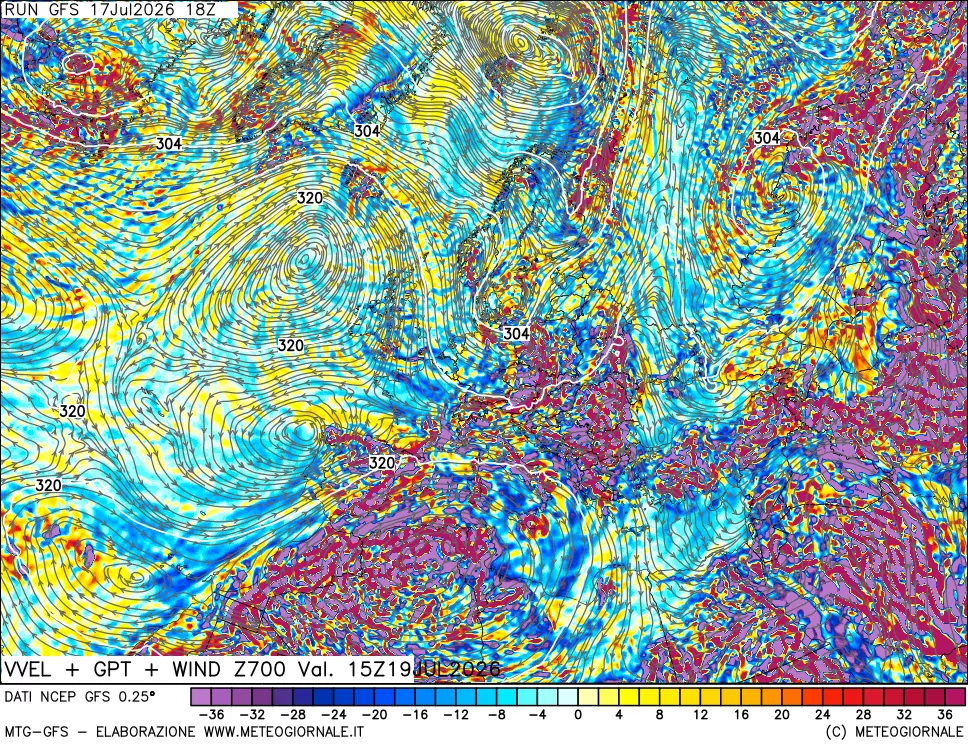 mappa 700 hPa Velocit&agrave; verticiali + GPT + Vento