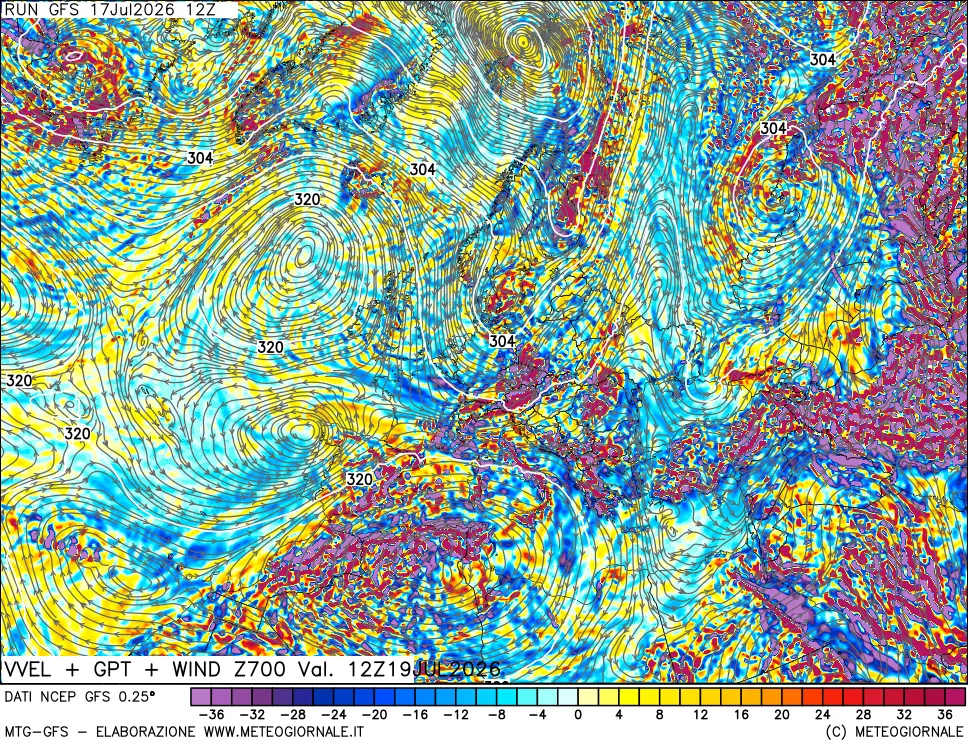 mappa 700 hPa Velocit&agrave; verticiali + GPT + Vento