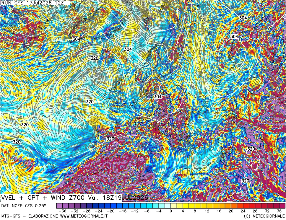 mappa 700 hPa Velocit&agrave; verticiali + GPT + Vento