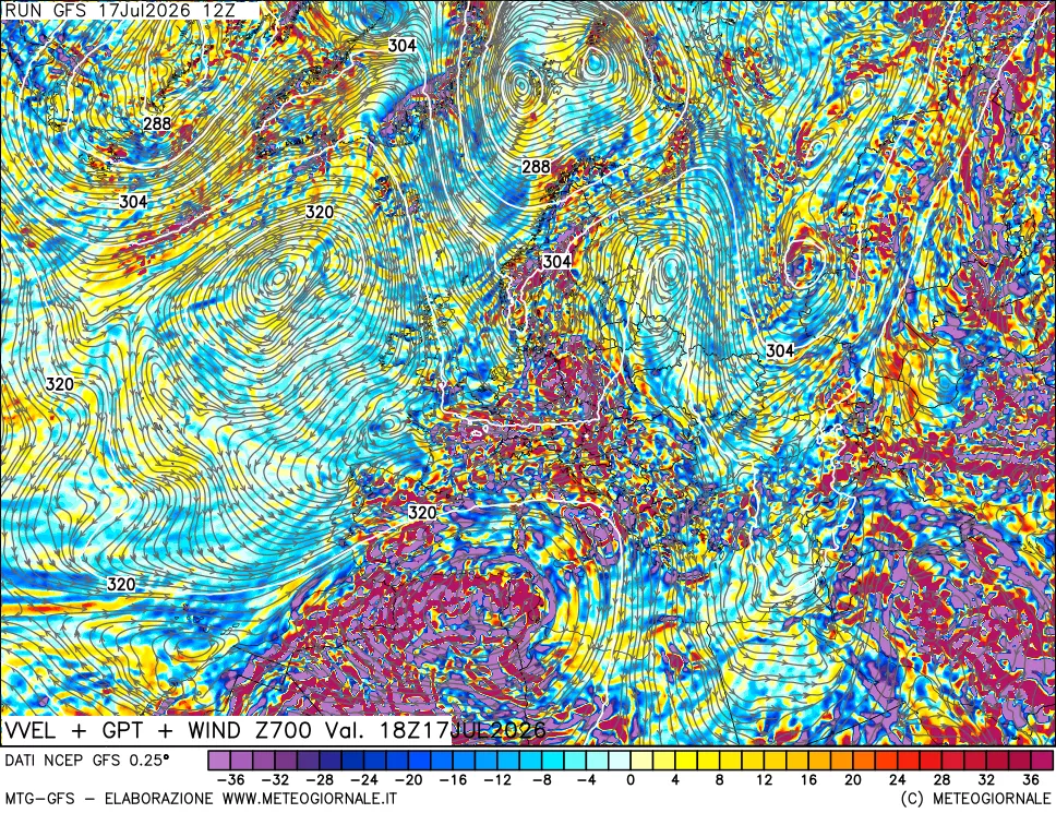mappa 700 hPa Velocit&agrave; verticiali + GPT + Vento