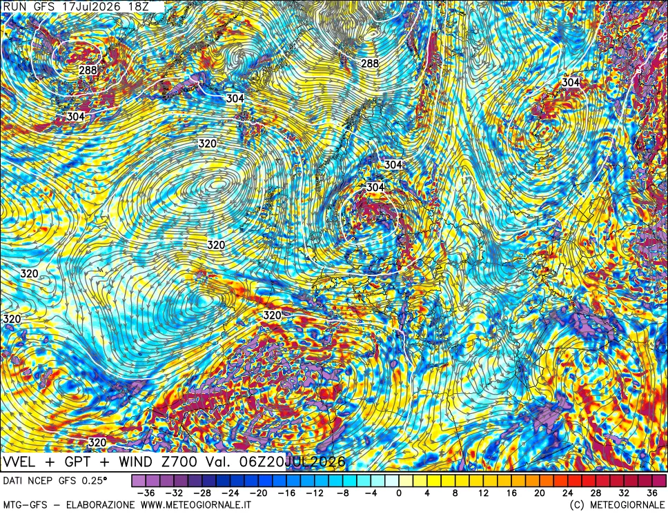 mappa 700 hPa Velocit&agrave; verticiali + GPT + Vento