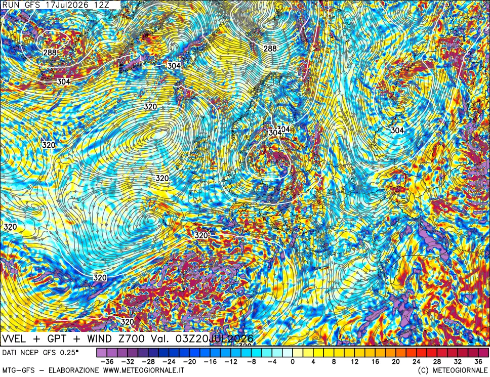 mappa 700 hPa Velocit&agrave; verticiali + GPT + Vento