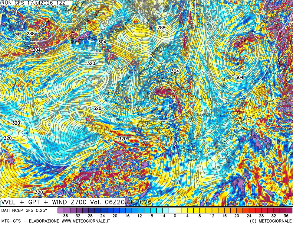 mappa 700 hPa Velocit&agrave; verticiali + GPT + Vento