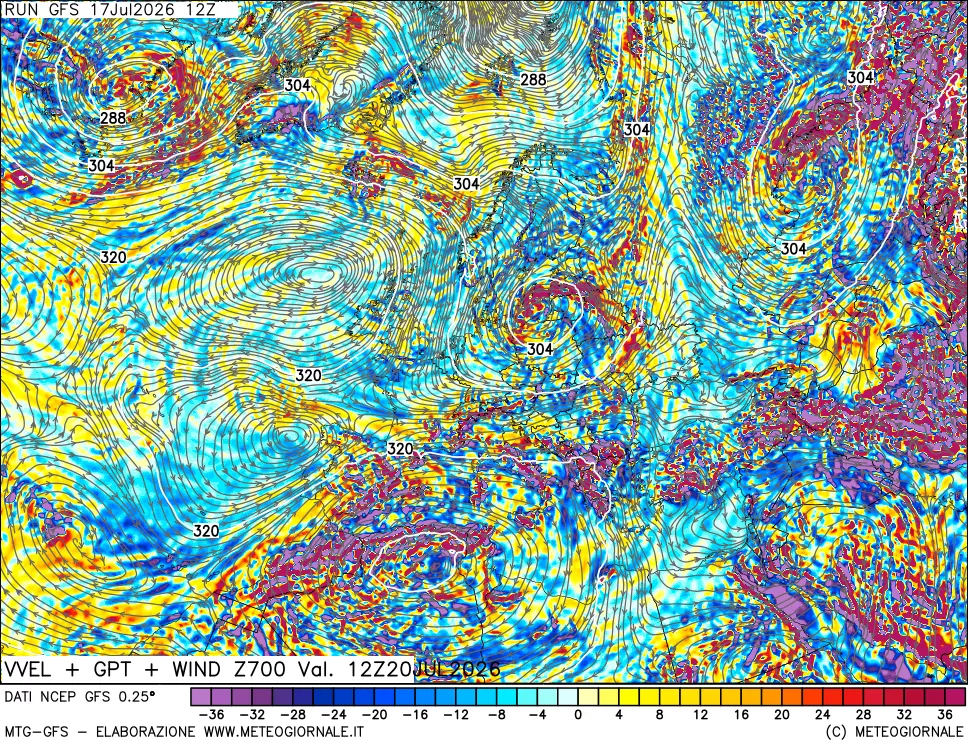 mappa 700 hPa Velocit&agrave; verticiali + GPT + Vento