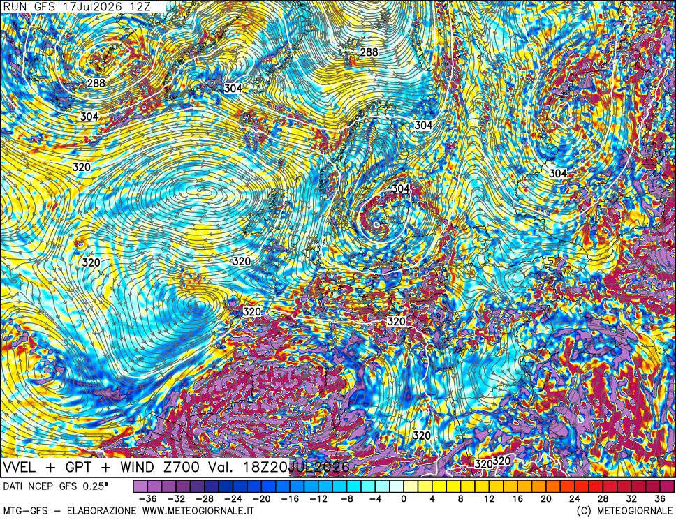 mappa 700 hPa Velocit&agrave; verticiali + GPT + Vento