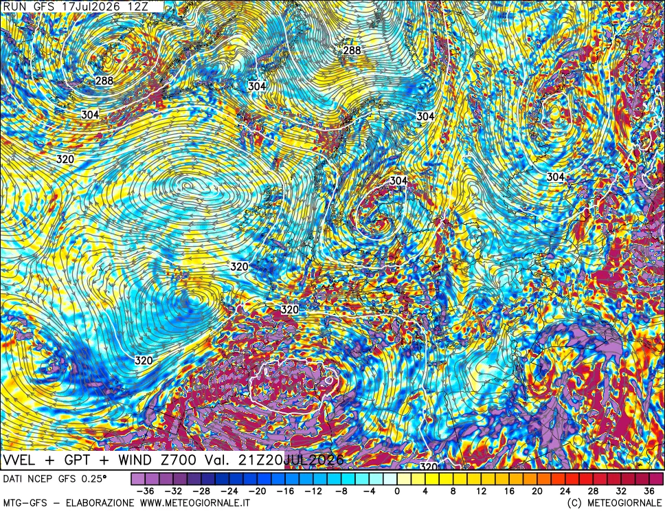 mappa 700 hPa Velocit&agrave; verticiali + GPT + Vento