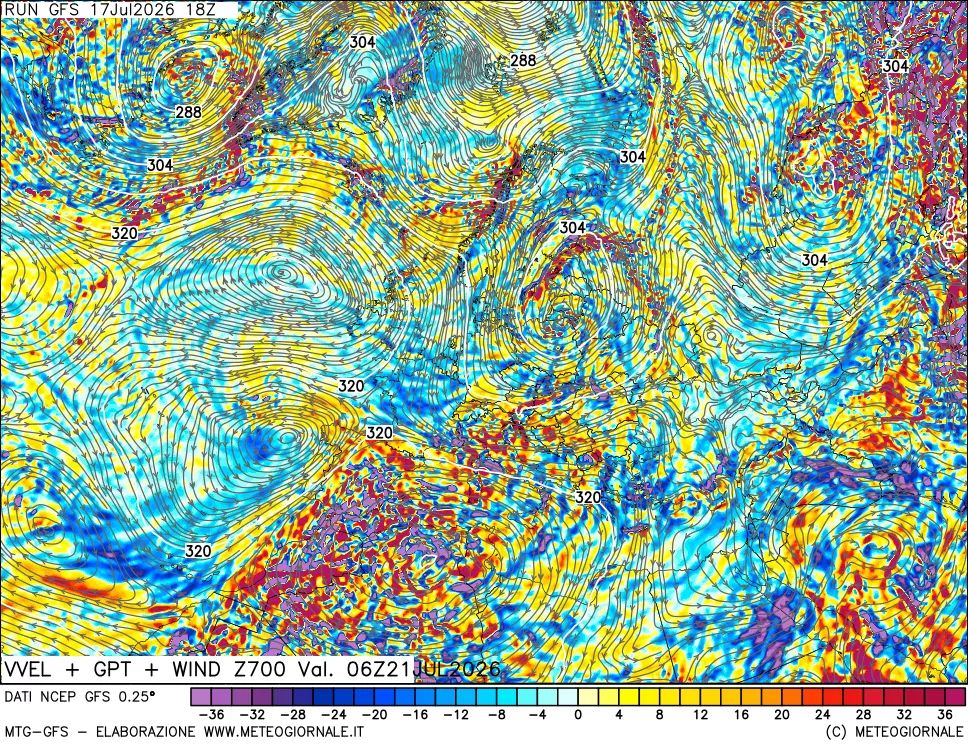 mappa 700 hPa Velocit&agrave; verticiali + GPT + Vento