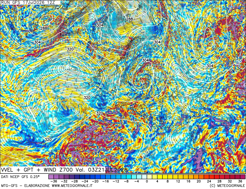 mappa 700 hPa Velocit&agrave; verticiali + GPT + Vento
