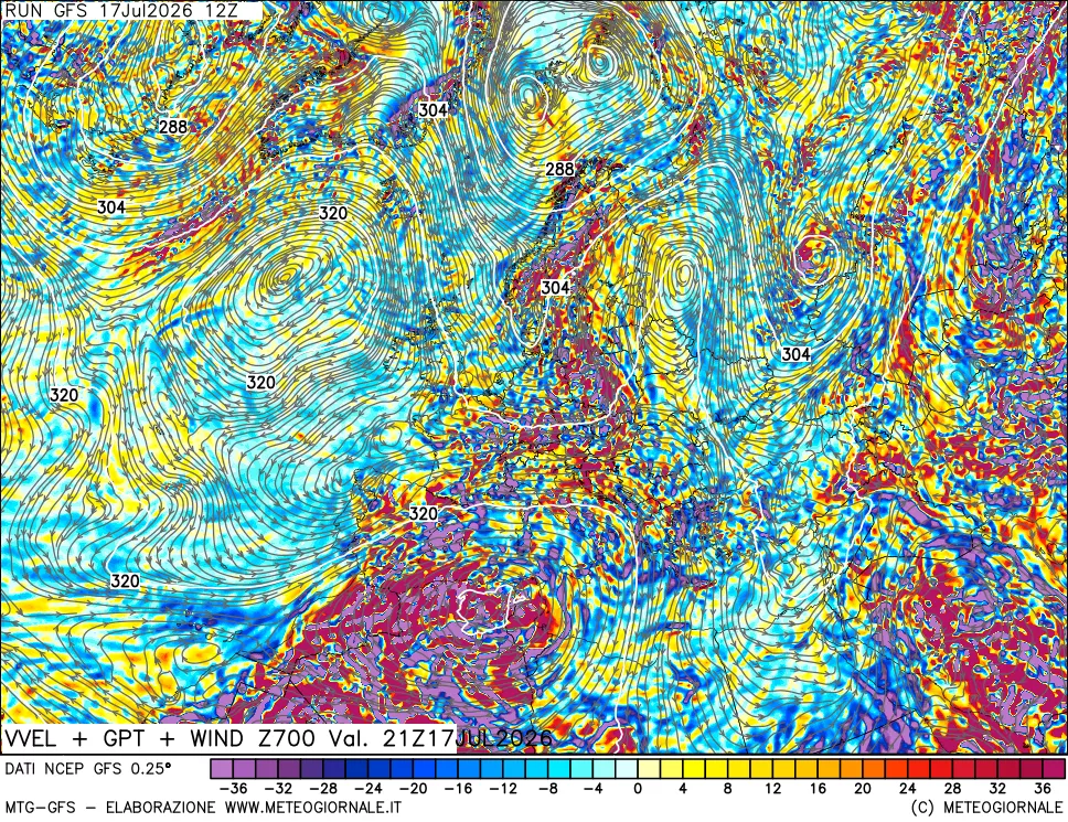 mappa 700 hPa Velocit&agrave; verticiali + GPT + Vento