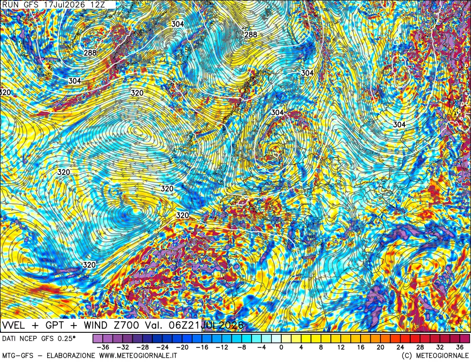 mappa 700 hPa Velocit&agrave; verticiali + GPT + Vento