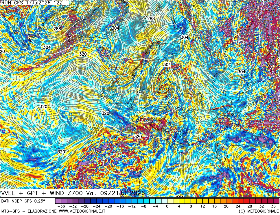 mappa 700 hPa Velocit&agrave; verticiali + GPT + Vento