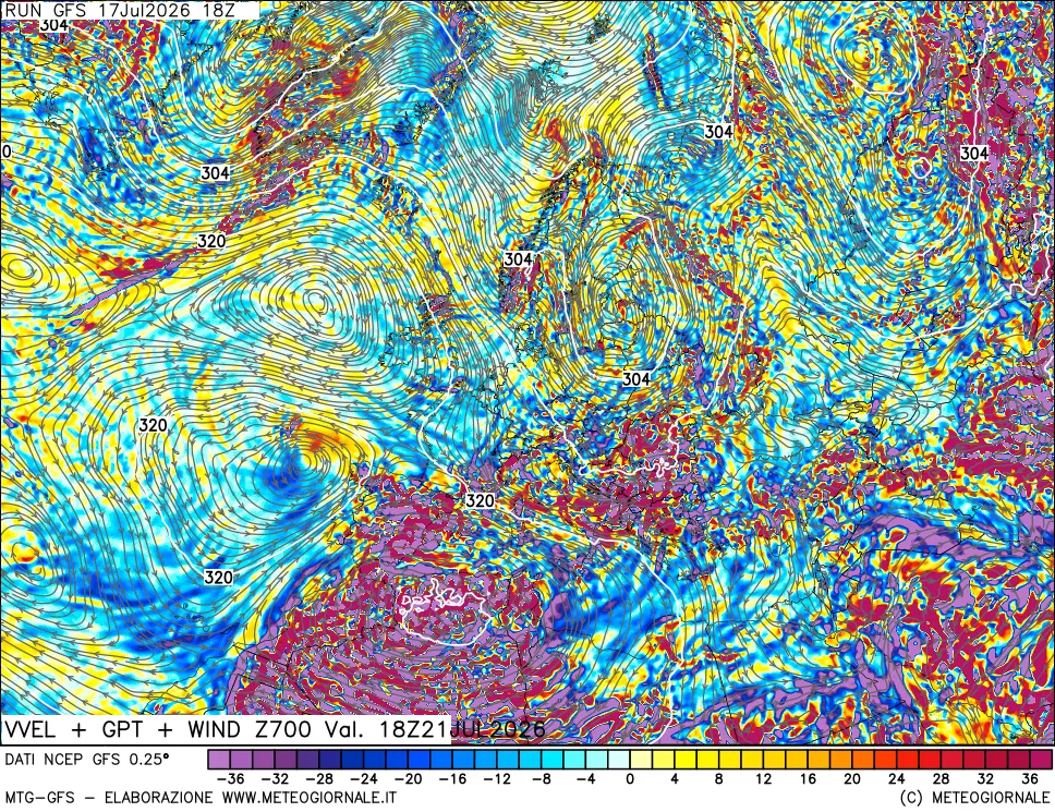 mappa 700 hPa Velocit&agrave; verticiali + GPT + Vento
