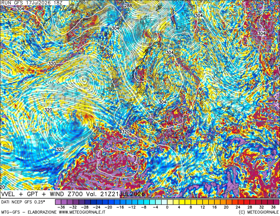 mappa 700 hPa Velocit&agrave; verticiali + GPT + Vento
