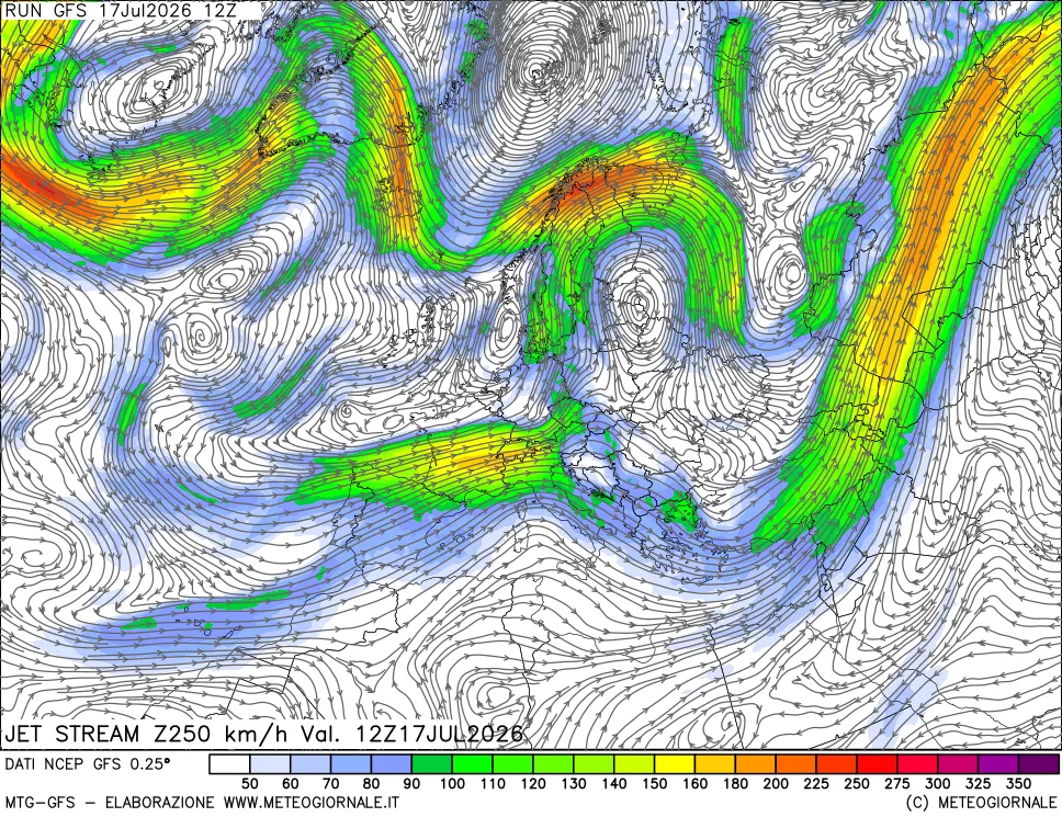 mappa 250 hPa Jet stream