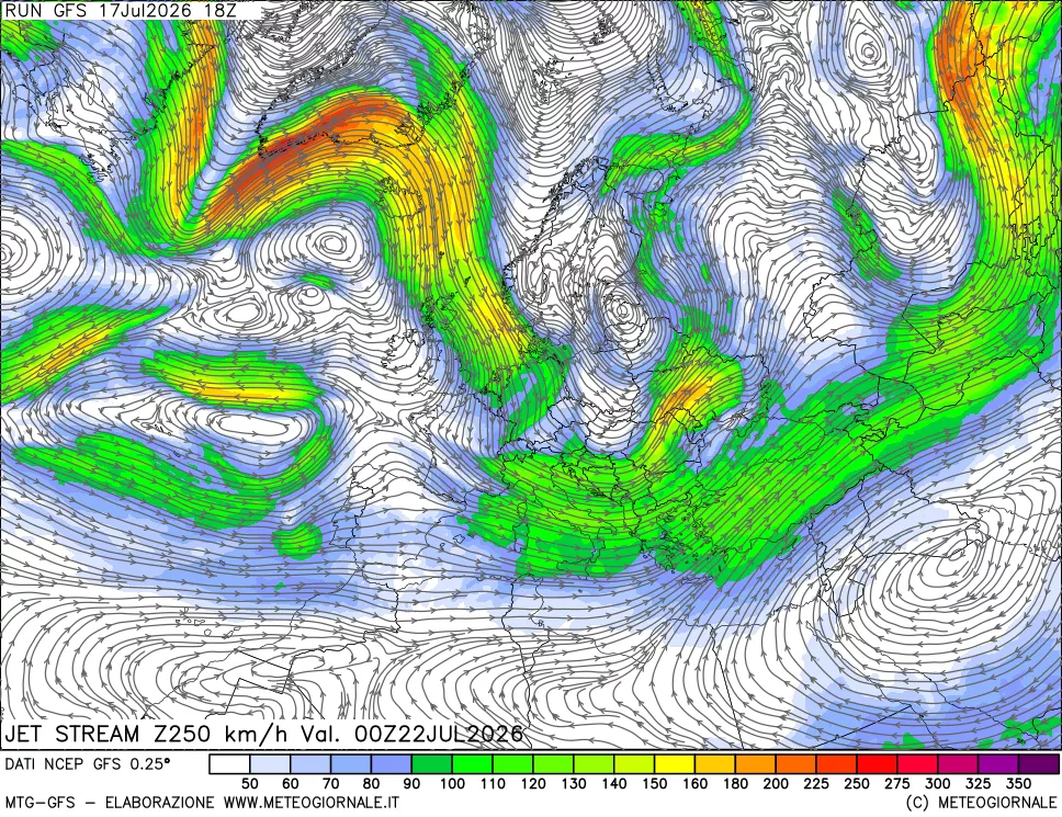 mappa 250 hPa Jet stream