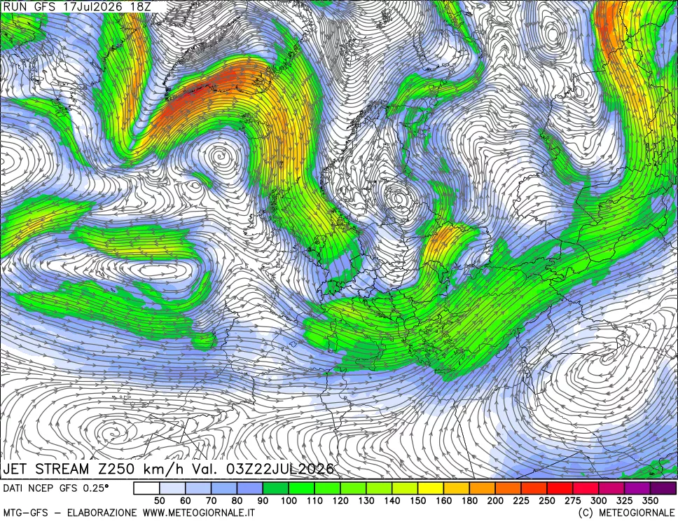 mappa 250 hPa Jet stream