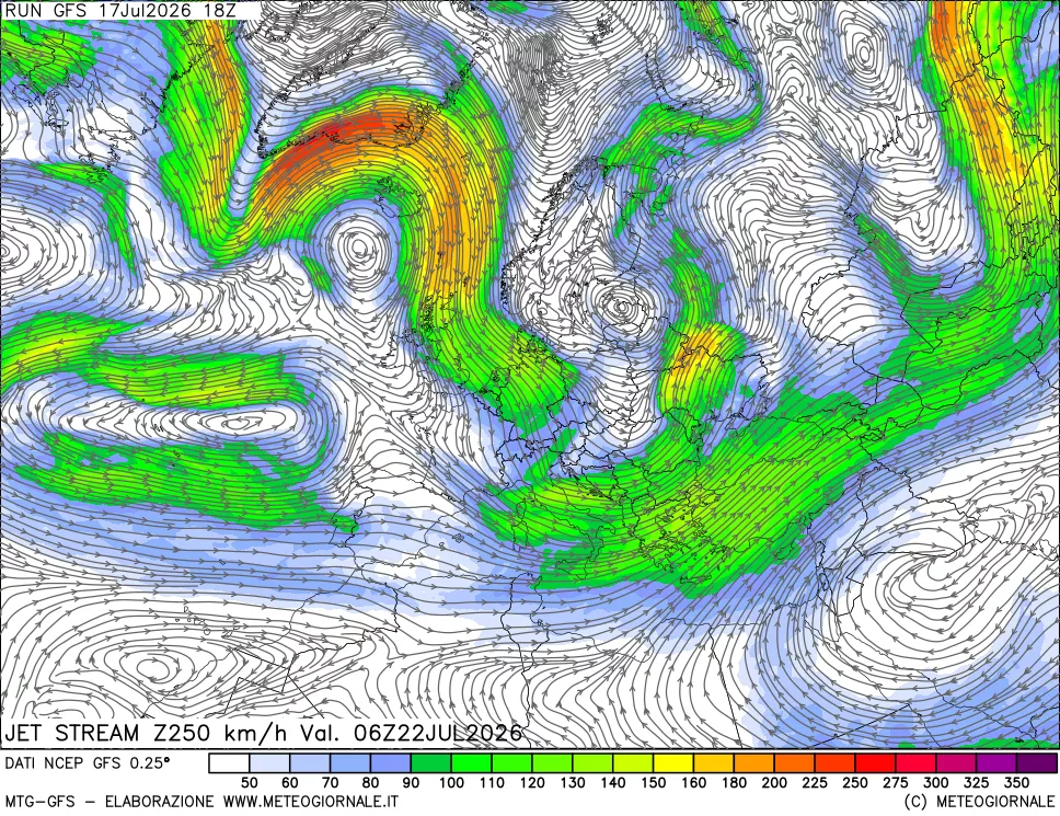 mappa 250 hPa Jet stream