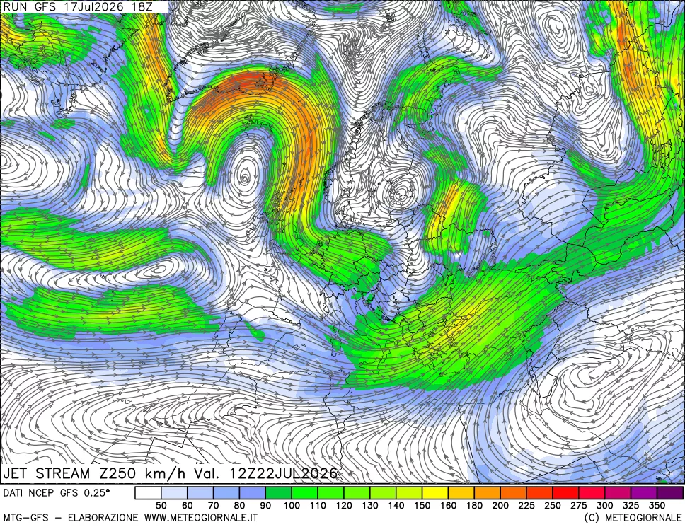 mappa 250 hPa Jet stream