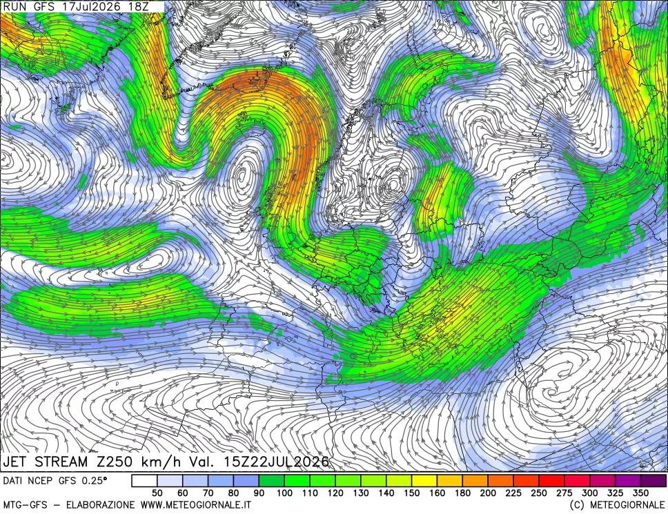mappa 250 hPa Jet stream