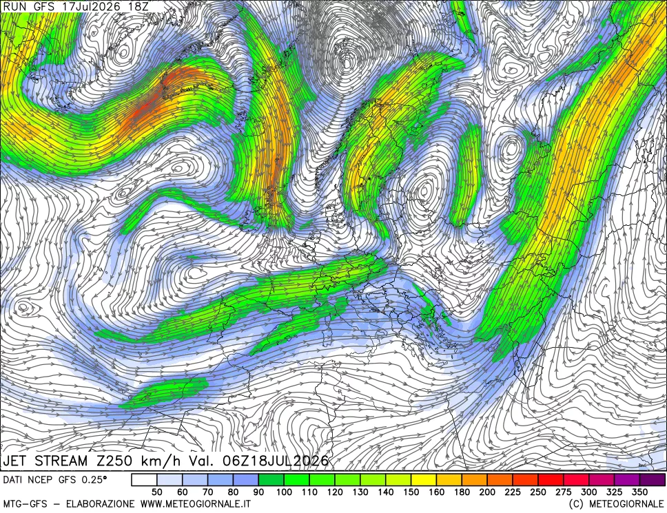 mappa 250 hPa Jet stream