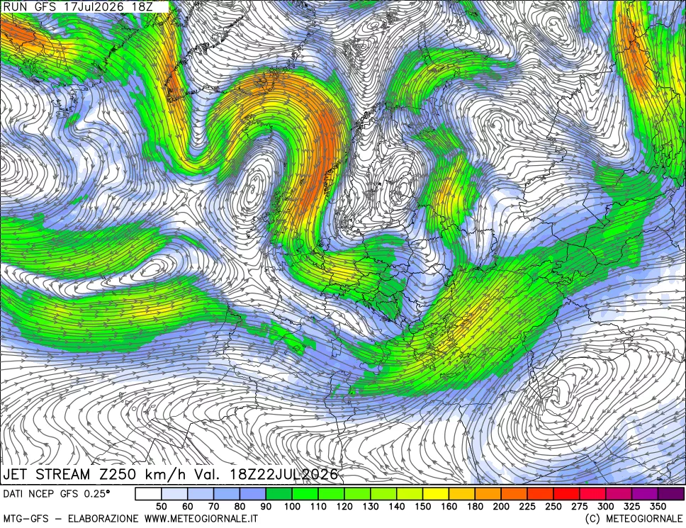 mappa 250 hPa Jet stream
