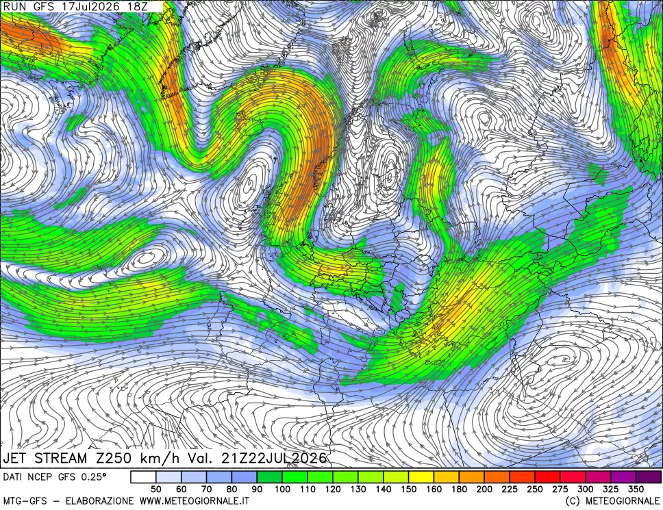 mappa 250 hPa Jet stream