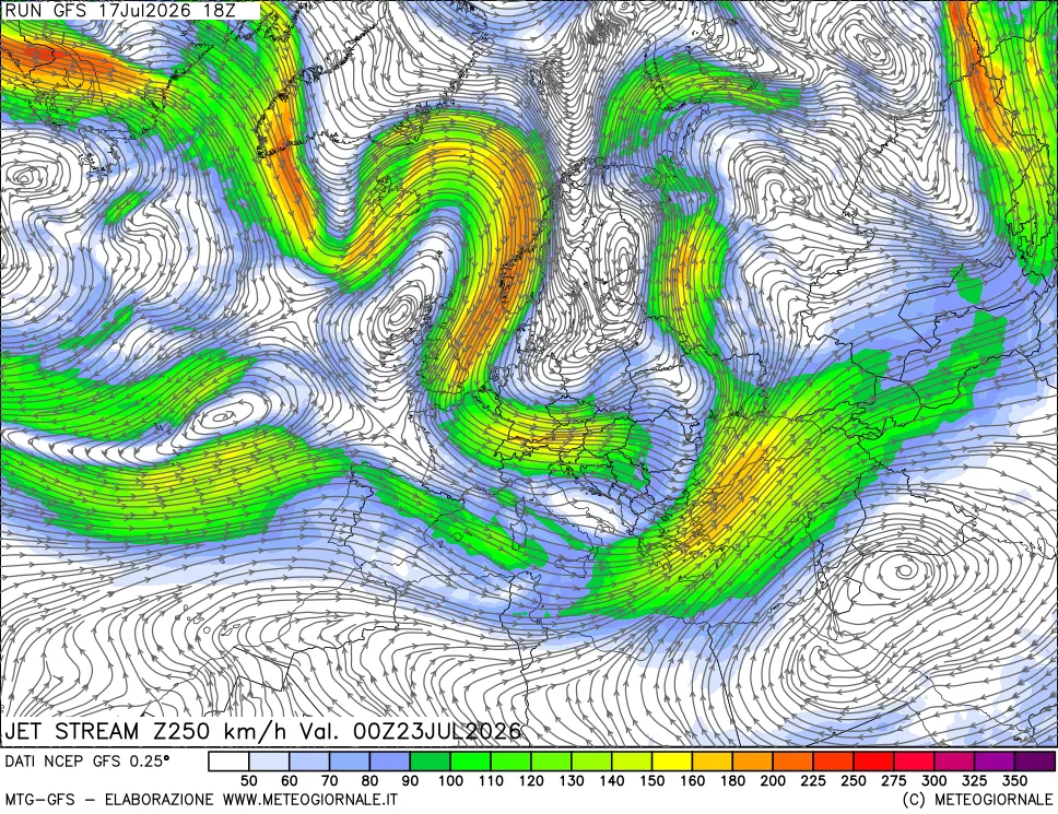 mappa 250 hPa Jet stream