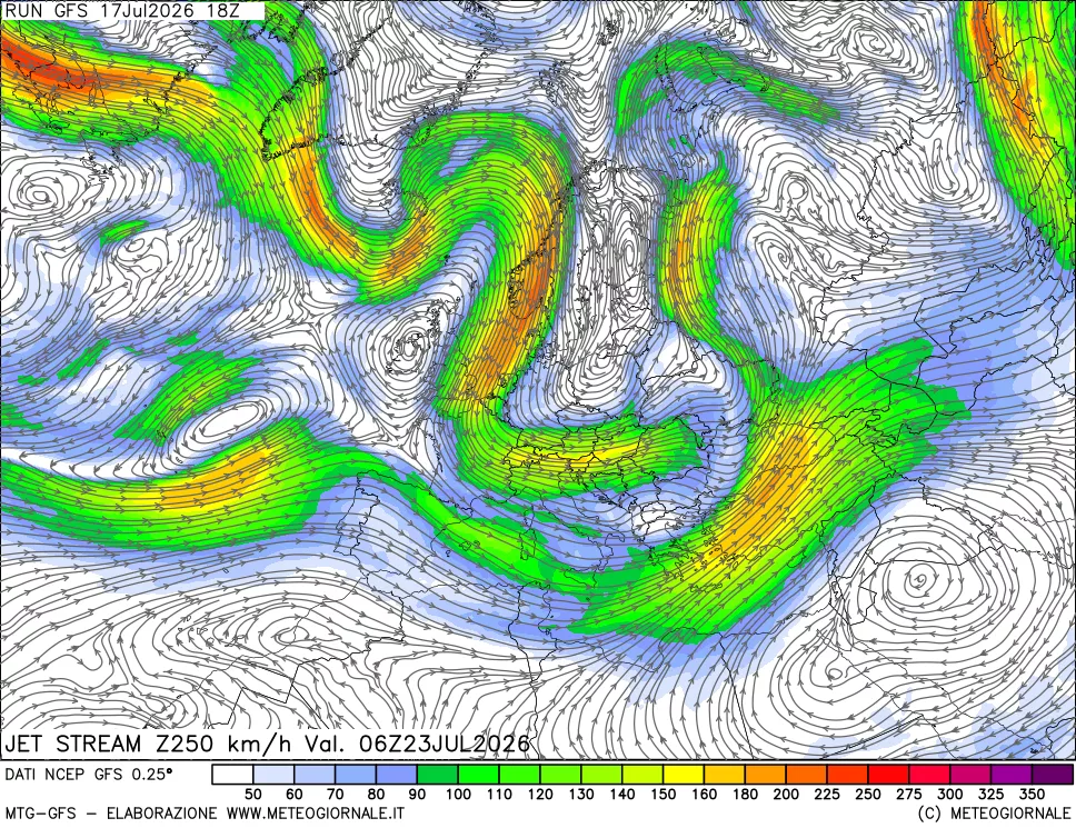 mappa 250 hPa Jet stream