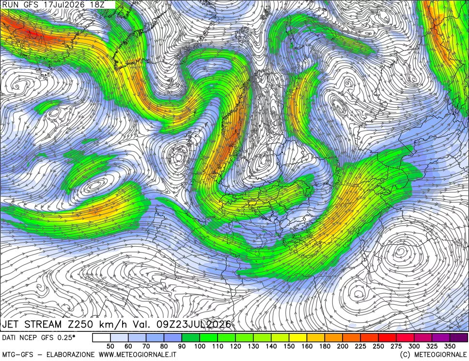 mappa 250 hPa Jet stream