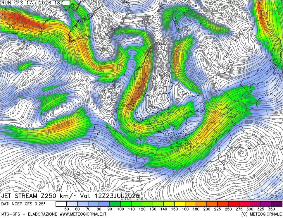mappa 250 hPa Jet stream