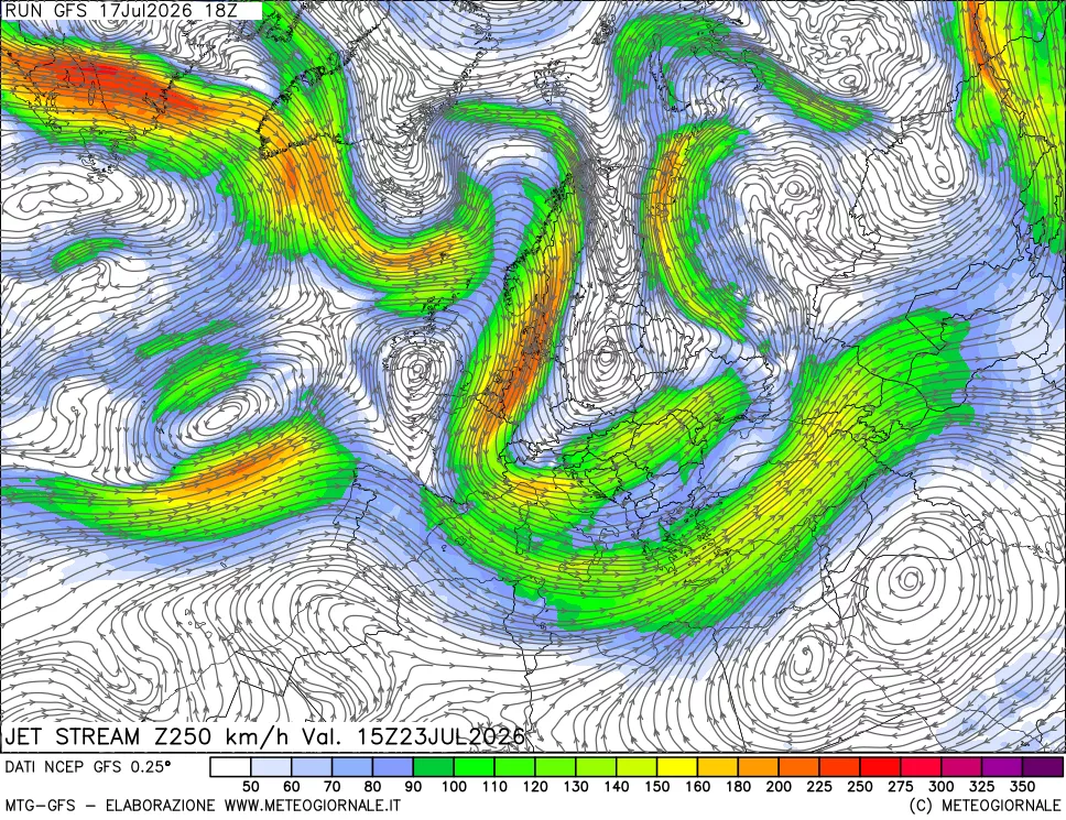 mappa 250 hPa Jet stream