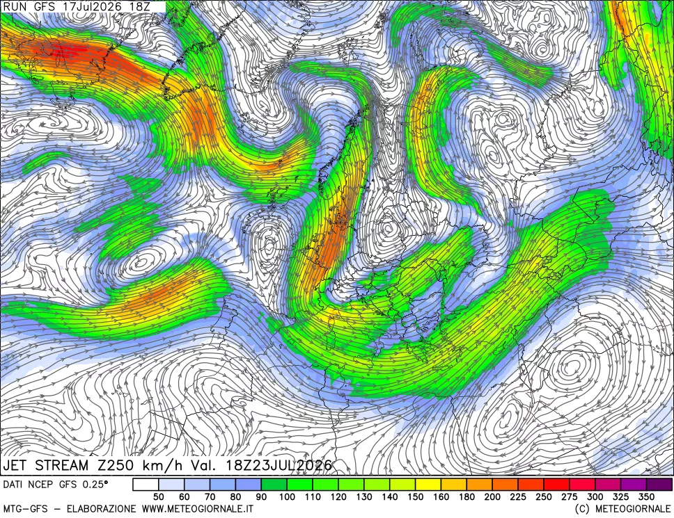 mappa 250 hPa Jet stream