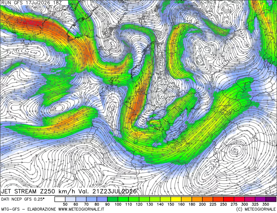 mappa 250 hPa Jet stream