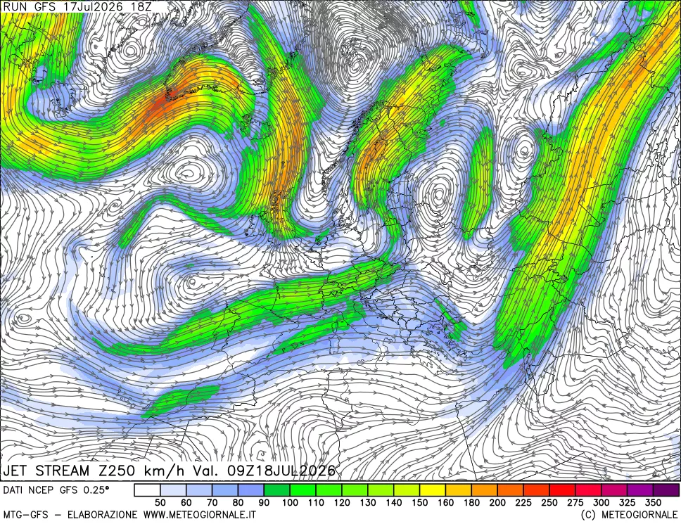 mappa 250 hPa Jet stream