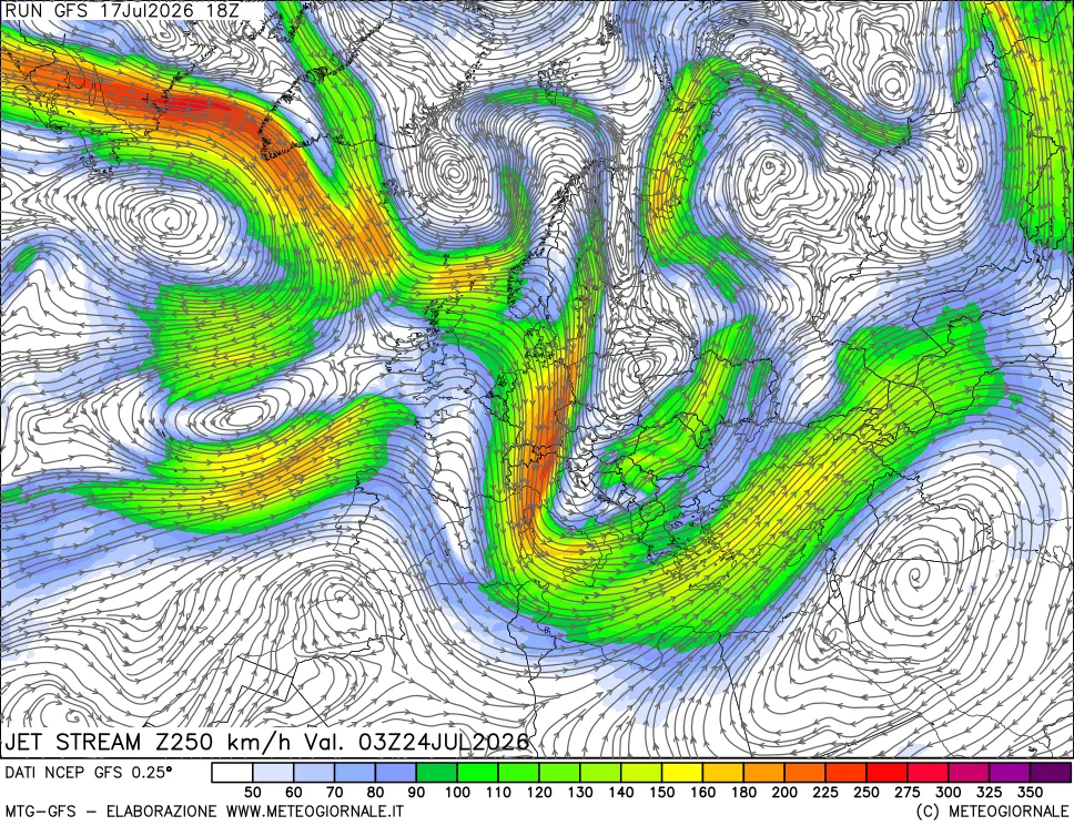 mappa 250 hPa Jet stream