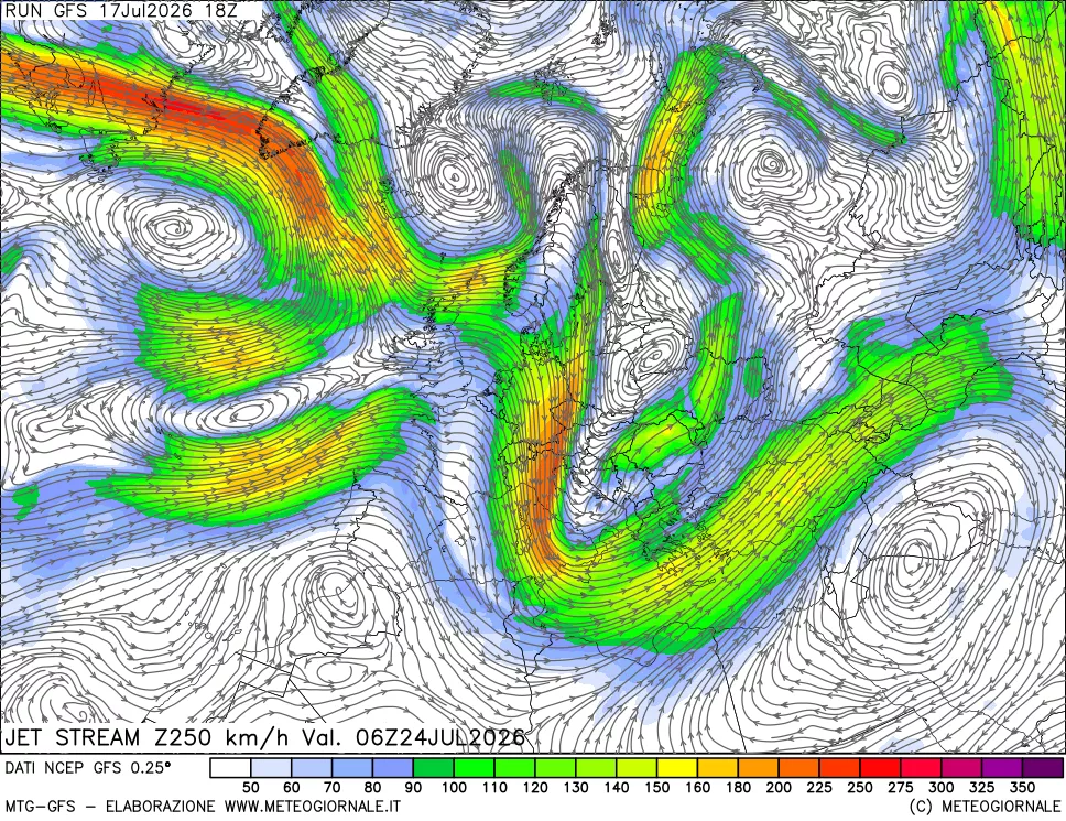 mappa 250 hPa Jet stream