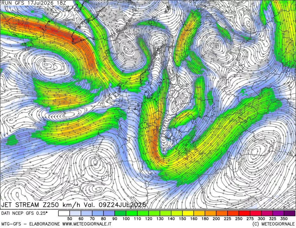 mappa 250 hPa Jet stream
