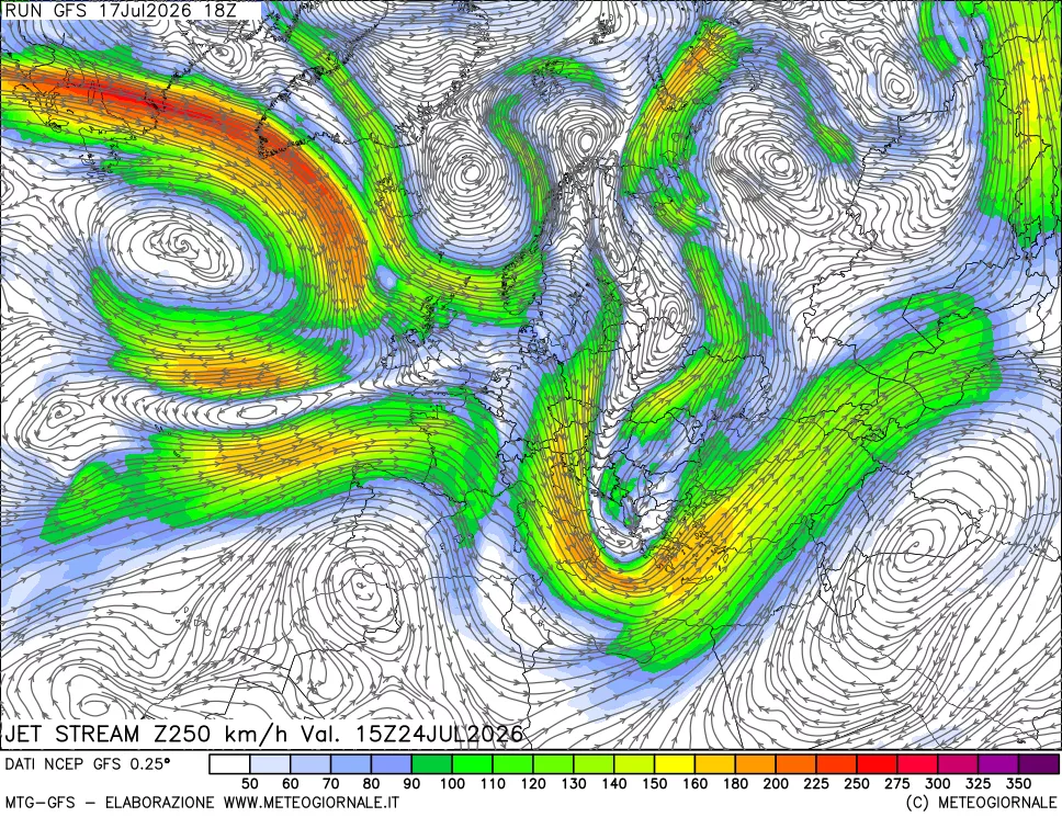mappa 250 hPa Jet stream