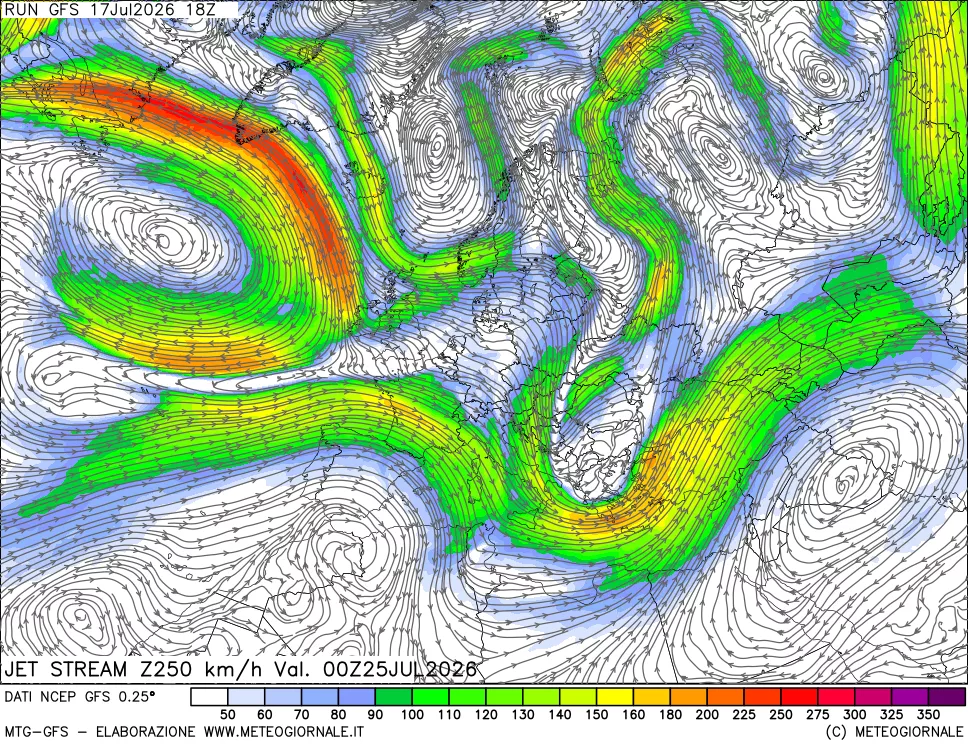 mappa 250 hPa Jet stream
